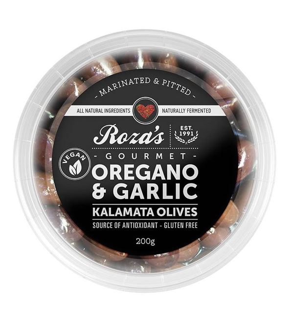 Picture of ROZA'S GOURMET OREGANO & GARLIC KALAMATA OLIVES 200g