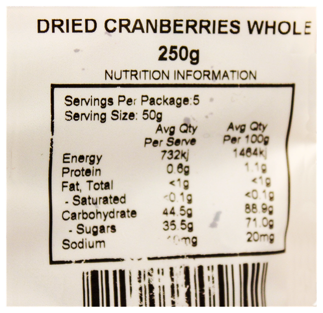 Picture of THE MARKET GROCER PREMIUM WHOLE DRIED CRANBERRIES 250g
